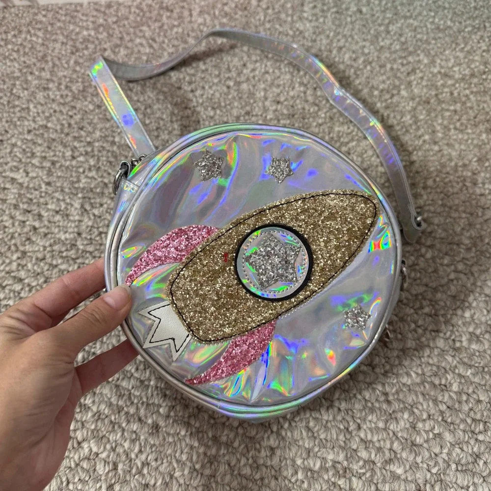 Kids Iridescent Silver Rocket Ship Glitter Crossbody Bag Circle Purse